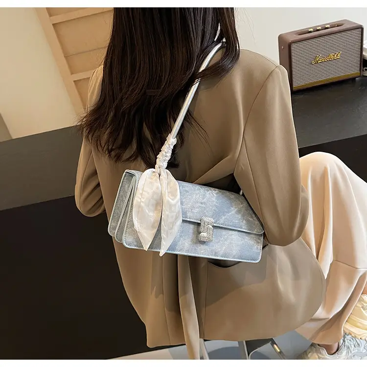 French Niche Women's Blue Velvet Shoulder Bag with Bow — feature 18