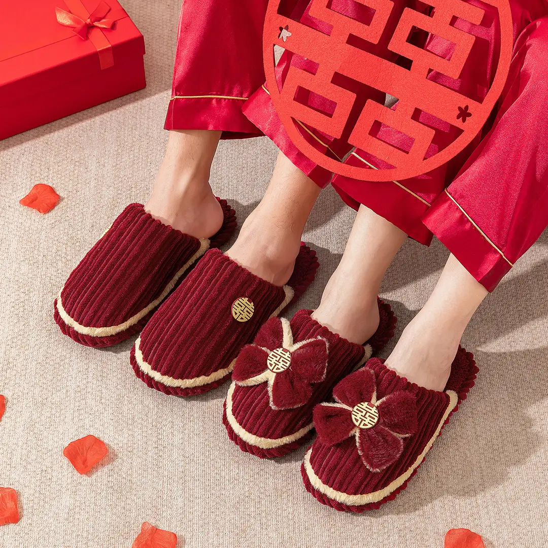 Wedding Slippers 2026 New Festive Red Pair for Newlyweds, Couple's Plush Slippers, Light Luxury Thick-Soled Winter Slippers - Image 5