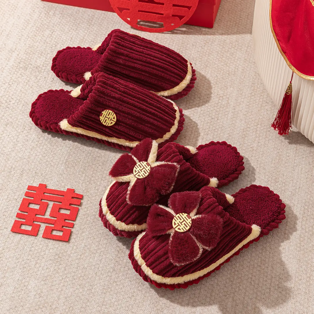 Wedding Slippers 2026 New Festive Red Pair for Newlyweds, Couple's Plush Slippers, Light Luxury Thick-Soled Winter Slippers - Image 6