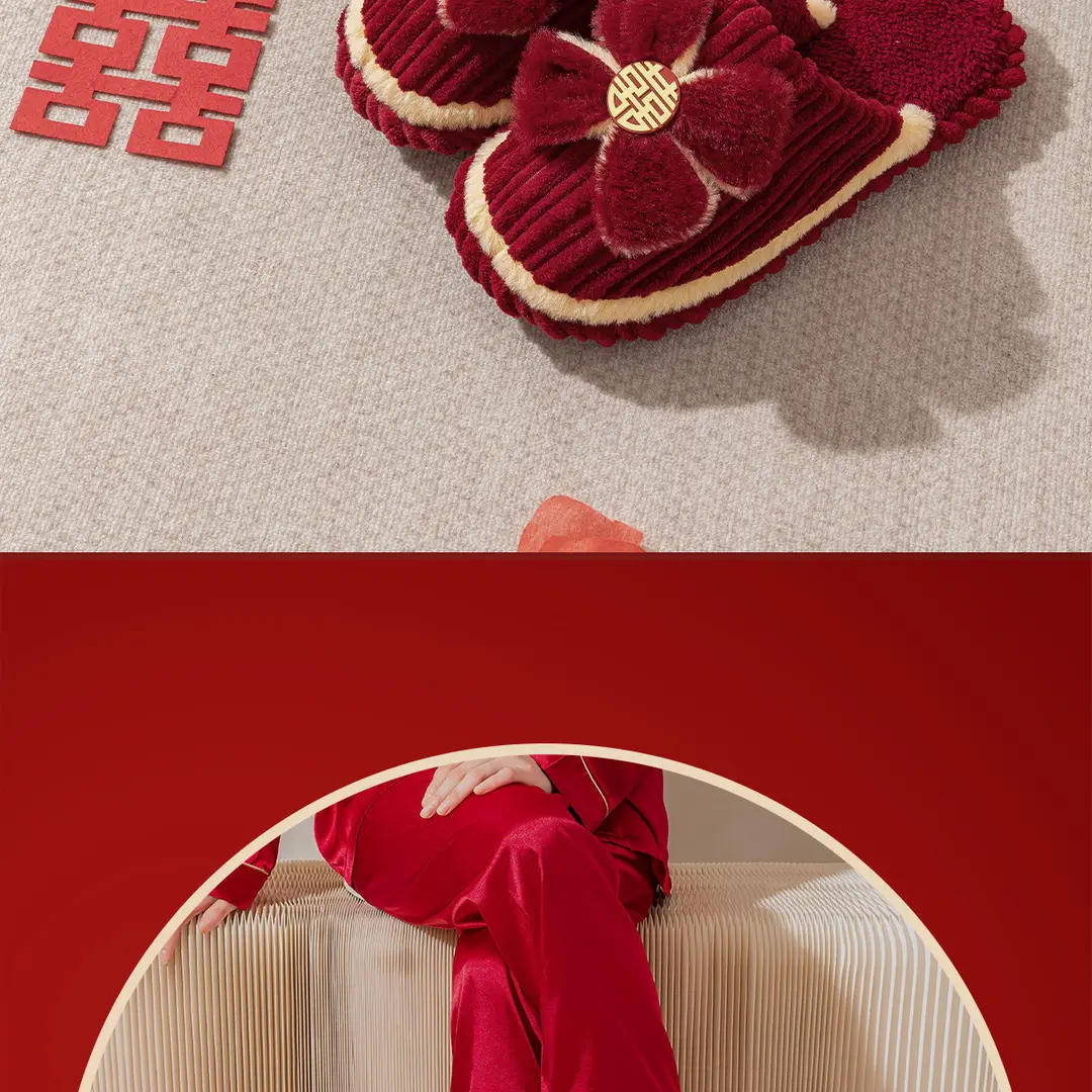 Wedding Slippers 2026 New Festive Red Pair for Newlyweds, Couple's Plush Slippers, Light Luxury Thick-Soled Winter Slippers — feature 20