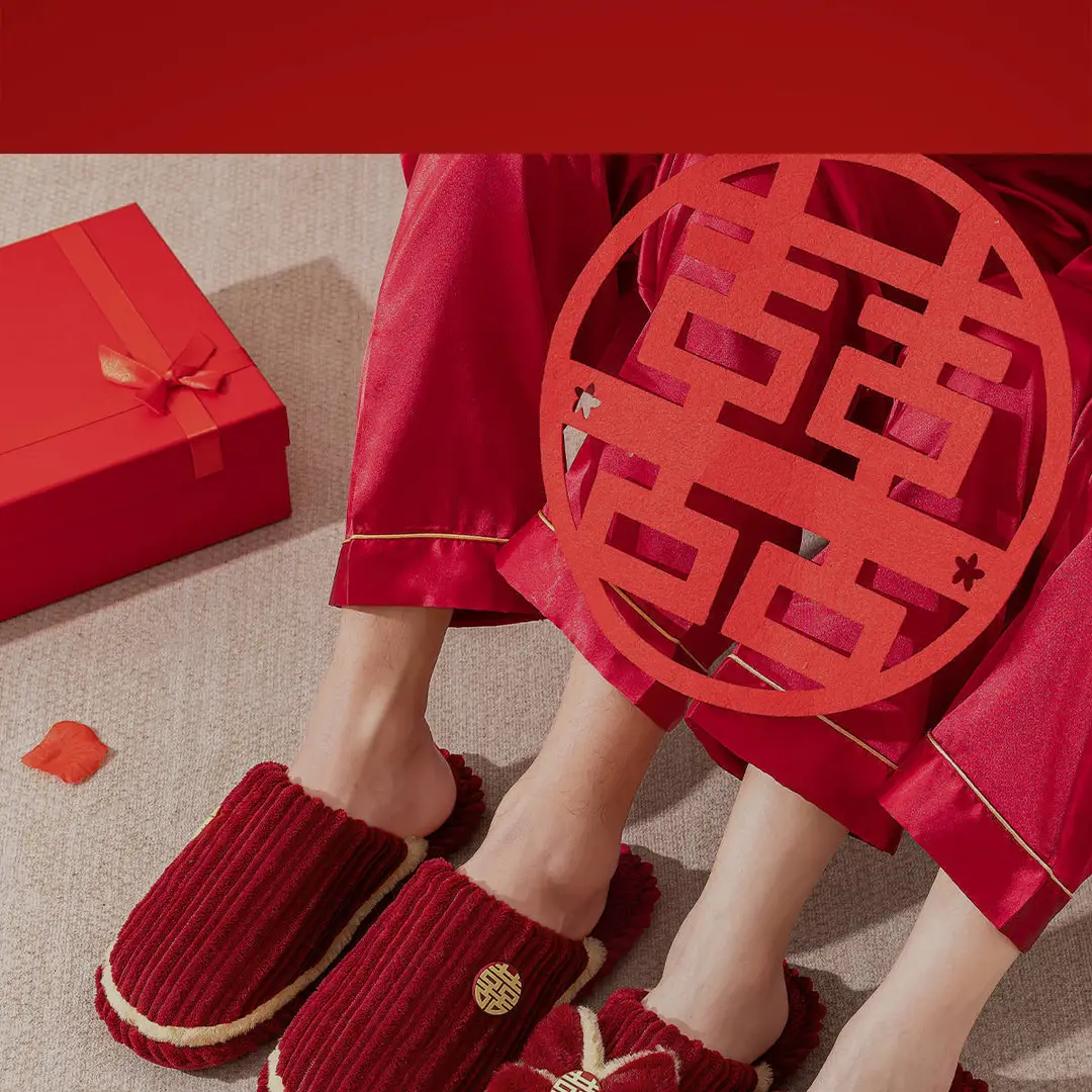 Wedding Slippers 2026 New Festive Red Pair for Newlyweds, Couple's Plush Slippers, Light Luxury Thick-Soled Winter Slippers — feature 22