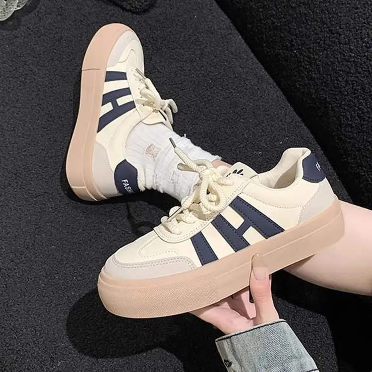 Women's White Thick Leather Sneakers with H Logo