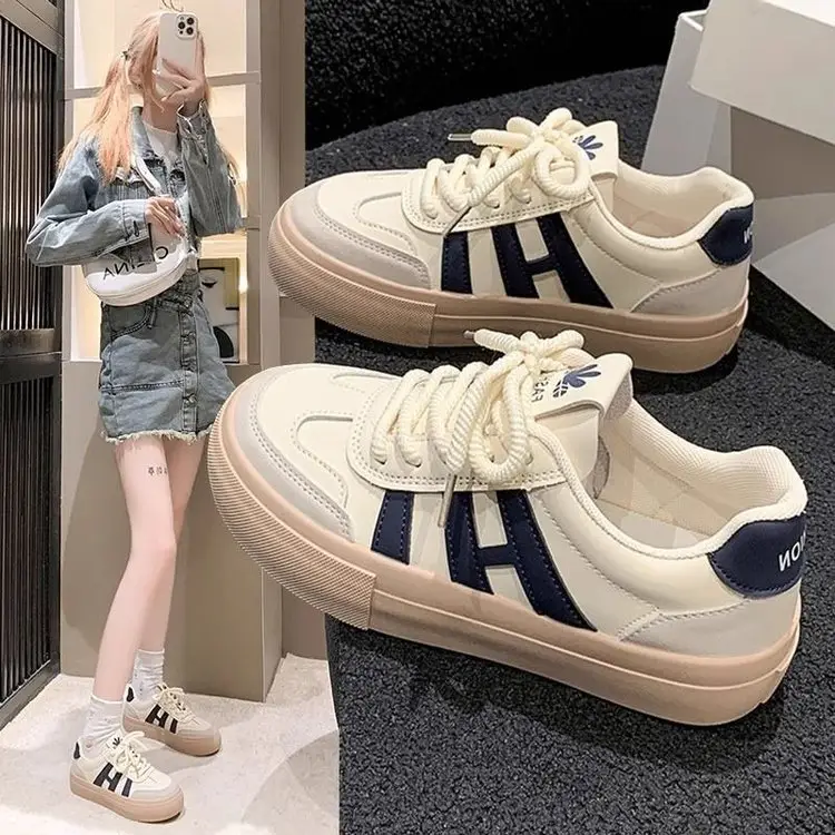 Women's White Thick Leather Sneakers with H Logo