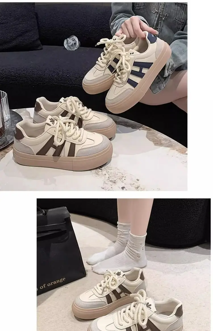Women's White Thick Leather Sneakers with H Logo — feature 4