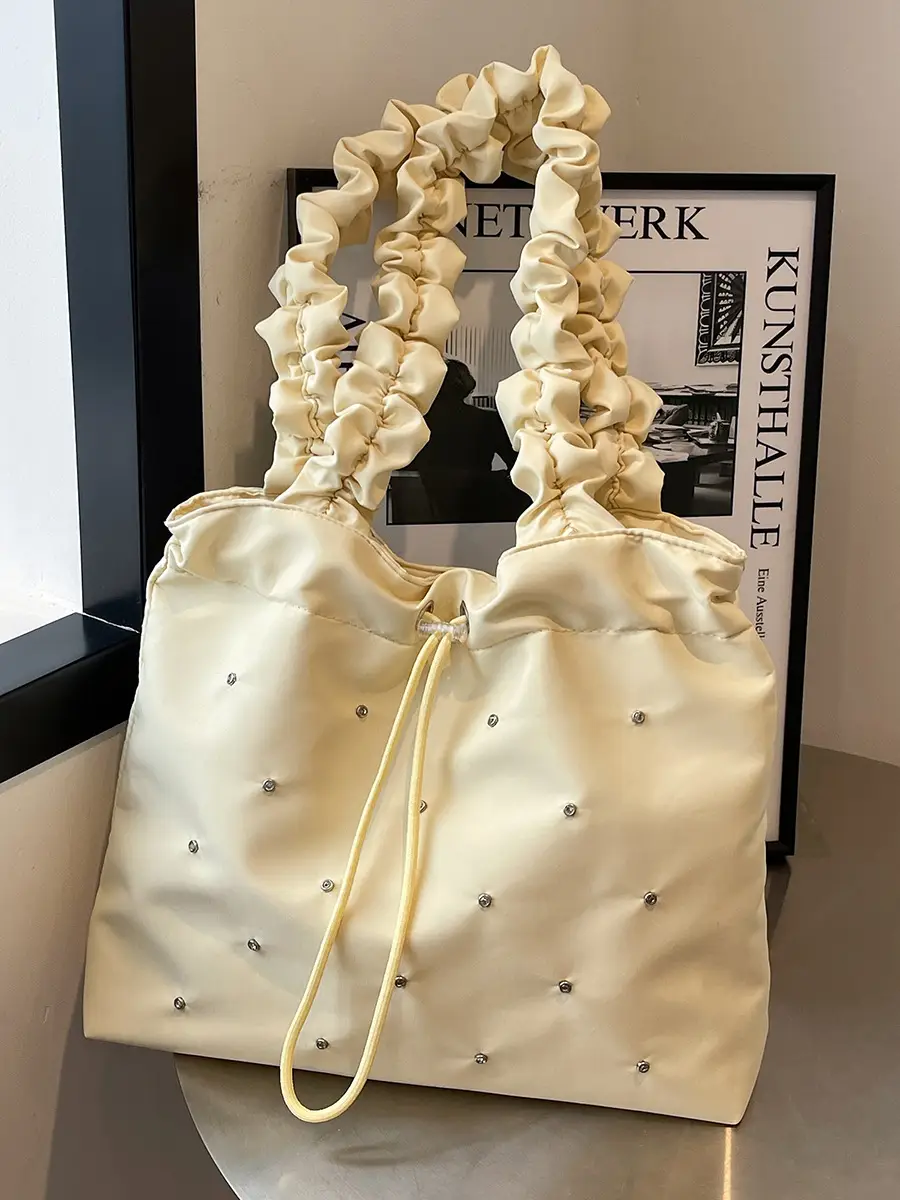 Nude Pleated Canvas Shoulder Bag with Ruffled Handles - Image 5