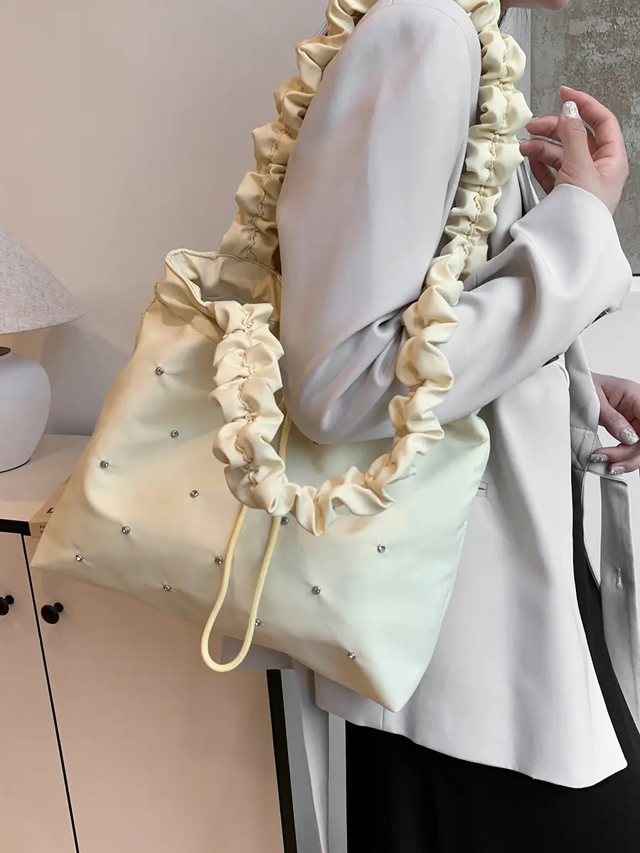 Nude Pleated Canvas Shoulder Bag with Ruffled Handles - Image 6