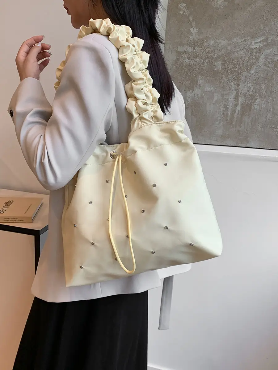 Nude Pleated Canvas Shoulder Bag with Ruffled Handles - Image 7