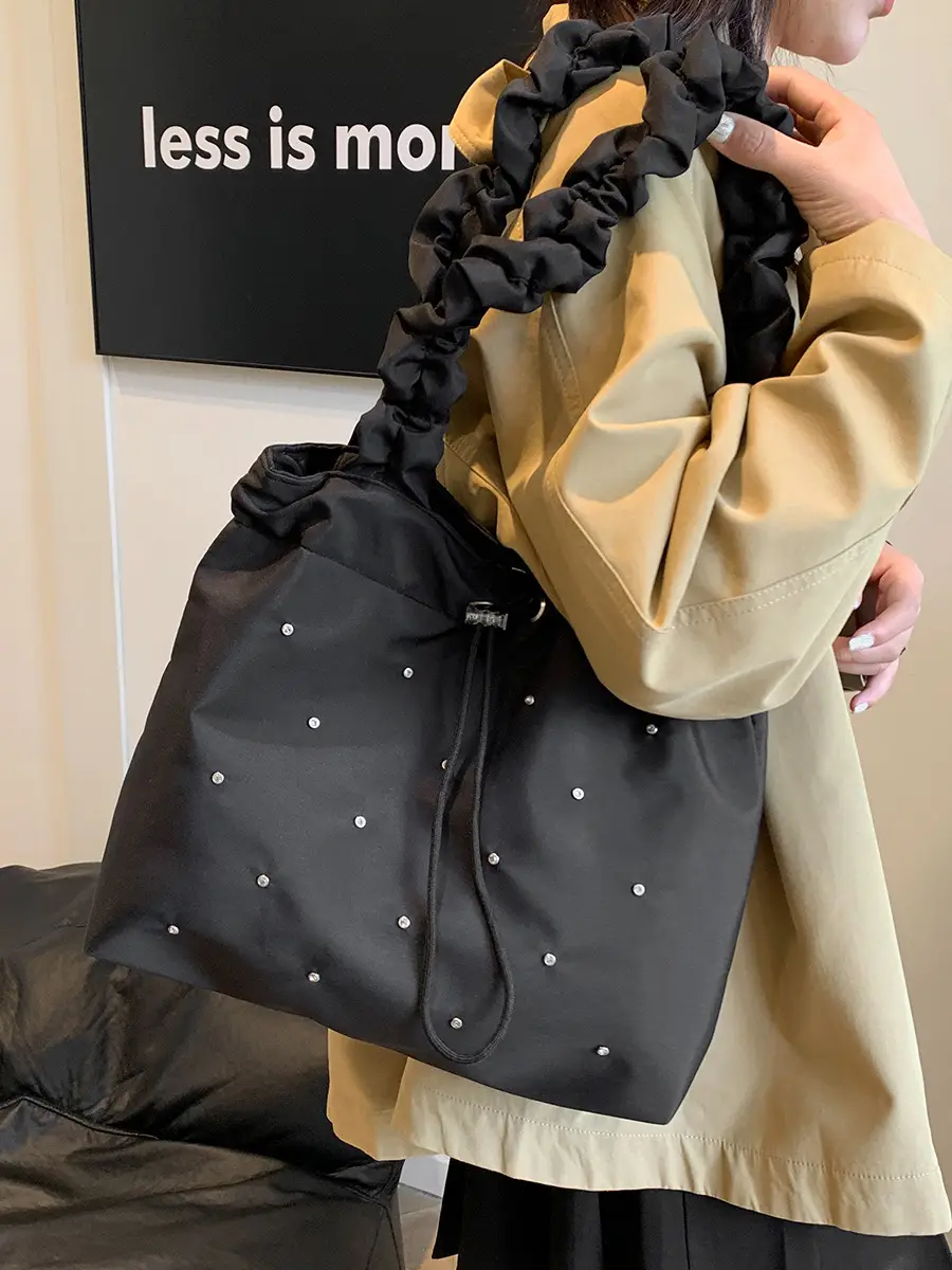 Nude Pleated Canvas Shoulder Bag with Ruffled Handles - Image 8