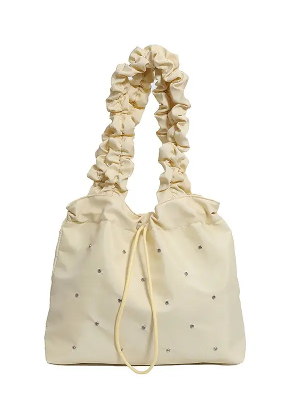 Nude Pleated Canvas Shoulder Bag with Ruffled Handles - Image 9