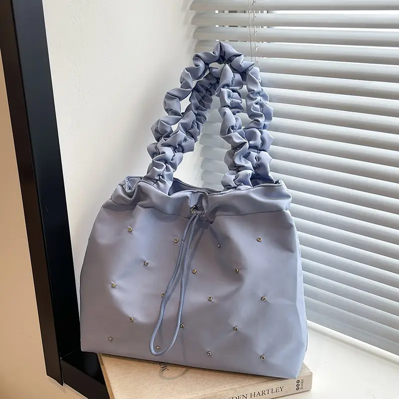 Nude Pleated Canvas Shoulder Bag with Ruffled Handles - Image 3
