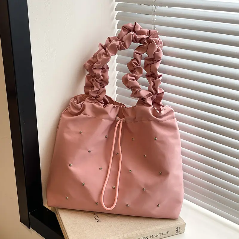 Nude Pleated Canvas Shoulder Bag with Ruffled Handles - Image 4