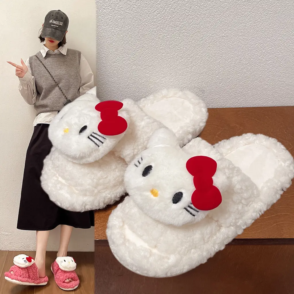 Hello Kitty Cartoon Cat Slippers Pink Warm Women's - Image 4