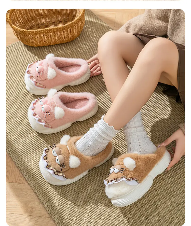 Cute Cartoon Cotton Slippers for Women in Autumn and Winter Indoor Home Non-Slip Warm Fleece-Lined Thickeneded Plush Kitten Cotton Slippers — feature 18