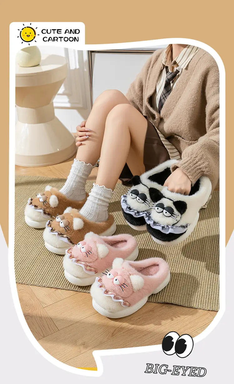 Cute Cartoon Cotton Slippers for Women in Autumn and Winter Indoor Home Non-Slip Warm Fleece-Lined Thickeneded Plush Kitten Cotton Slippers — feature 2
