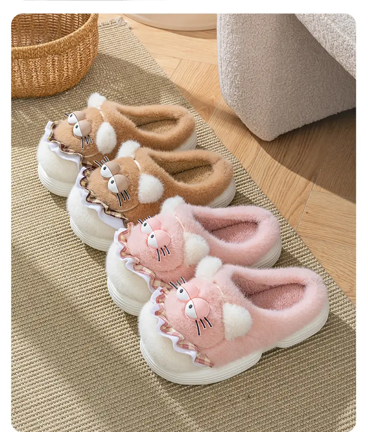 Cute Cartoon Cotton Slippers for Women in Autumn and Winter Indoor Home Non-Slip Warm Fleece-Lined Thickeneded Plush Kitten Cotton Slippers — feature 22