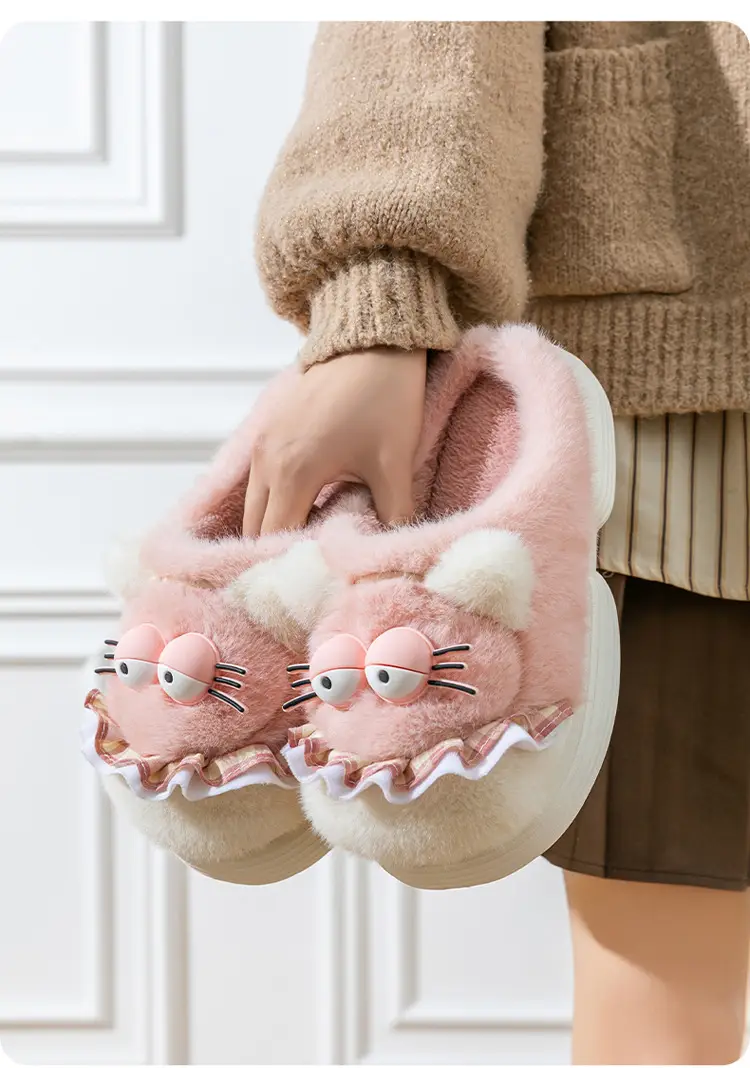 Cute Cartoon Cotton Slippers for Women in Autumn and Winter Indoor Home Non-Slip Warm Fleece-Lined Thickeneded Plush Kitten Cotton Slippers — feature 7