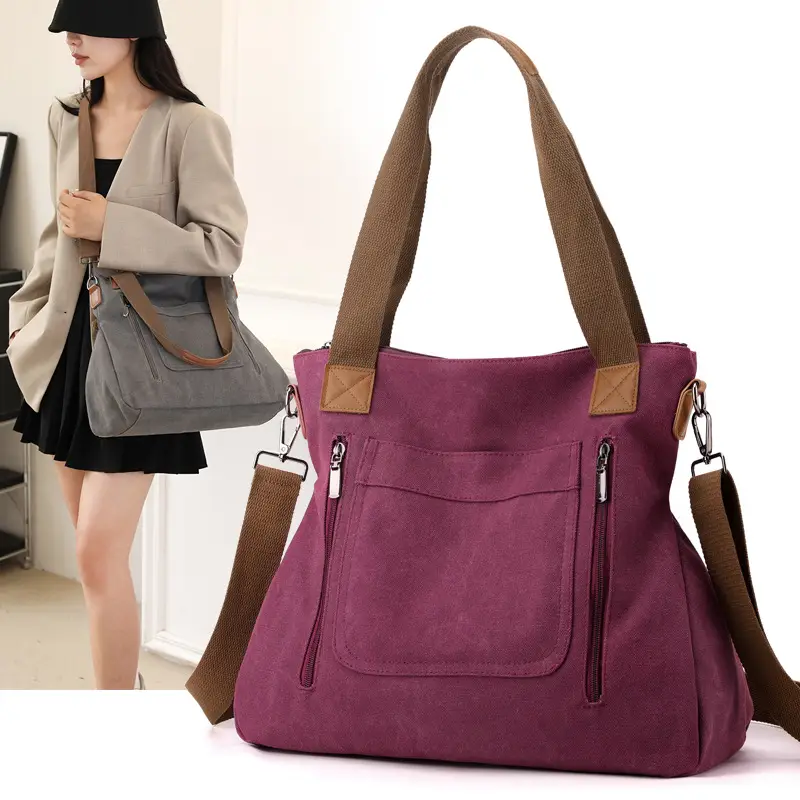 Blue Canvas Women's Shoulder Bag with Brown Handles - Image 11