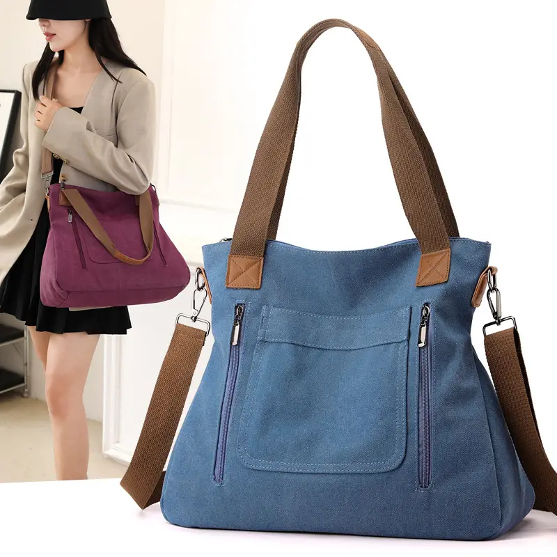 Blue Canvas Women's Shoulder Bag with Brown Handles - Image 12