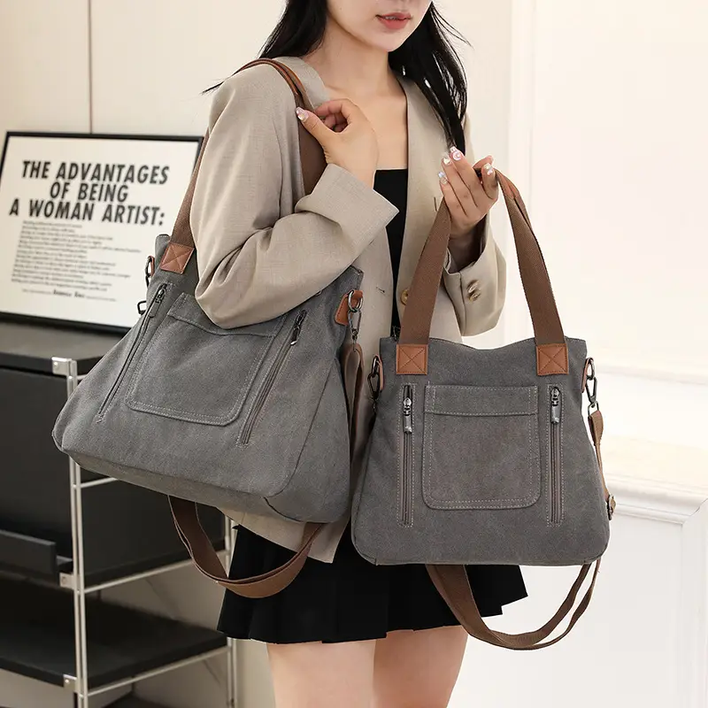 Blue Canvas Women's Shoulder Bag with Brown Handles - Image 13