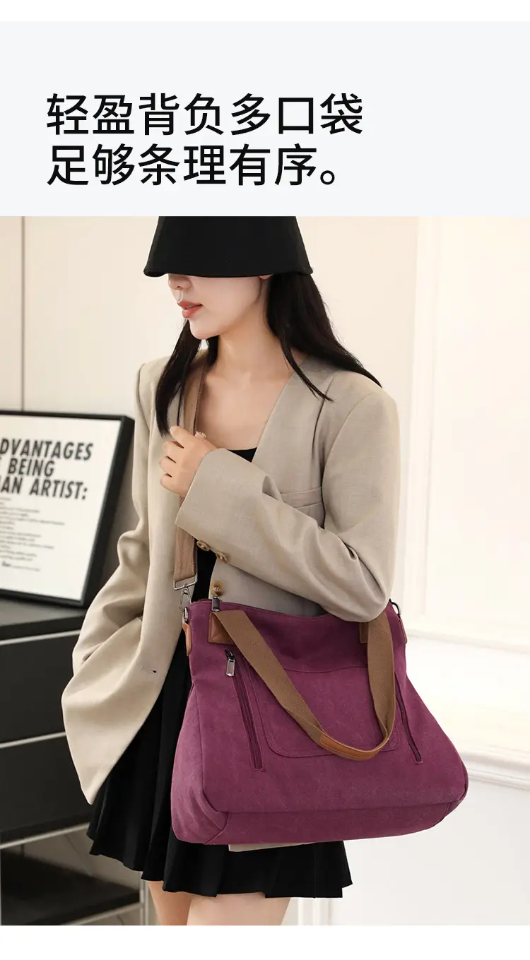 Blue Canvas Women's Shoulder Bag with Brown Handles — feature 12
