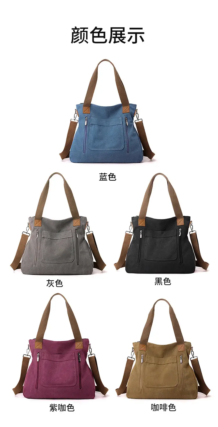 Blue Canvas Women's Shoulder Bag with Brown Handles — feature 14