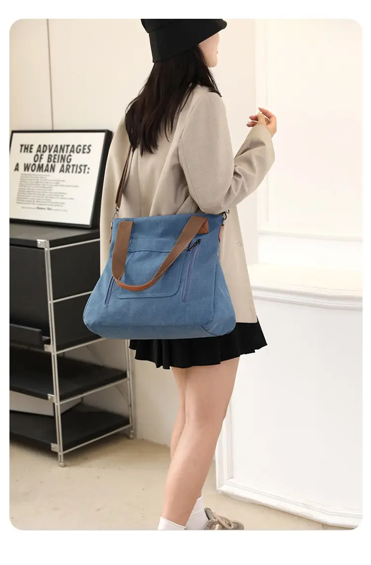 Blue Canvas Women's Shoulder Bag with Brown Handles — feature 16