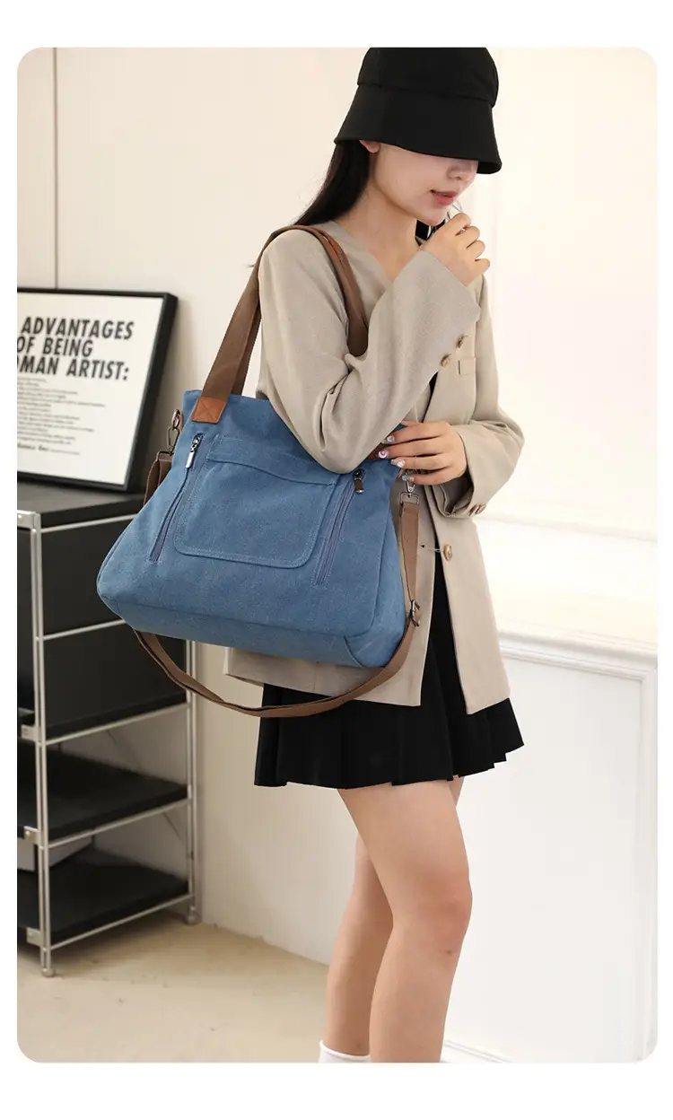 Blue Canvas Women's Shoulder Bag with Brown Handles — feature 17