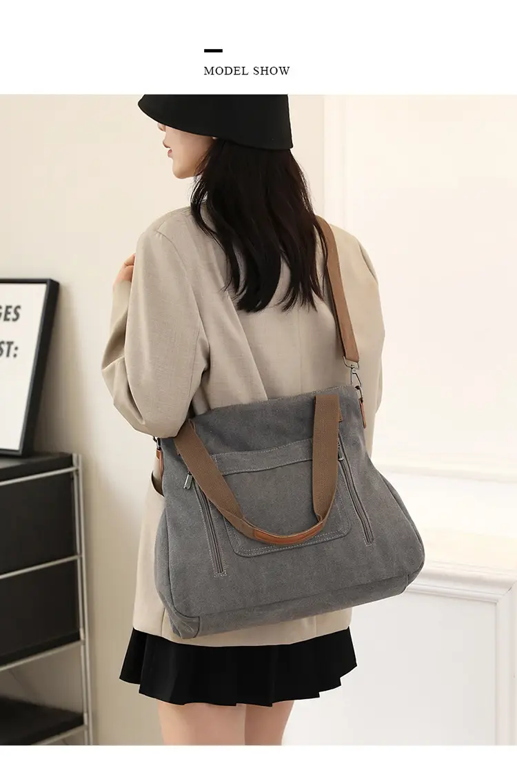 Blue Canvas Women's Shoulder Bag with Brown Handles — feature 18