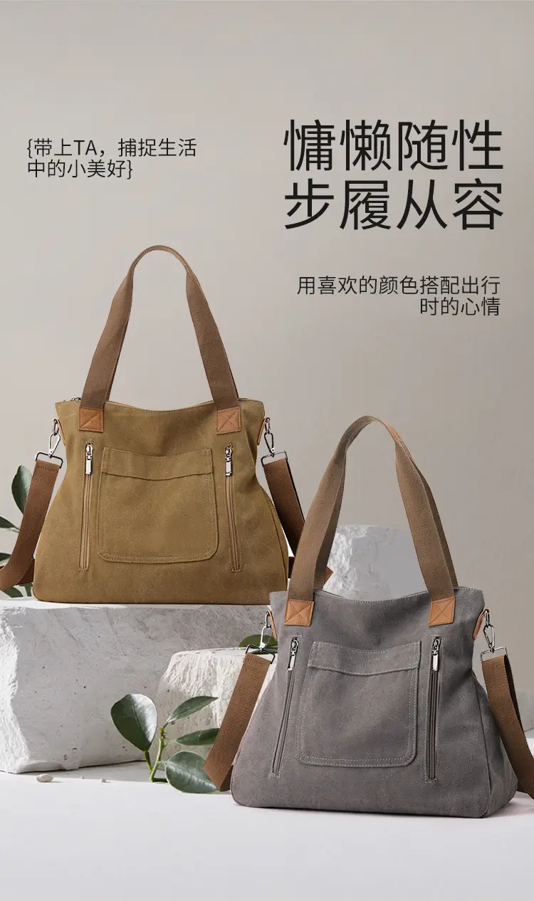 Blue Canvas Women's Shoulder Bag with Brown Handles — feature 2