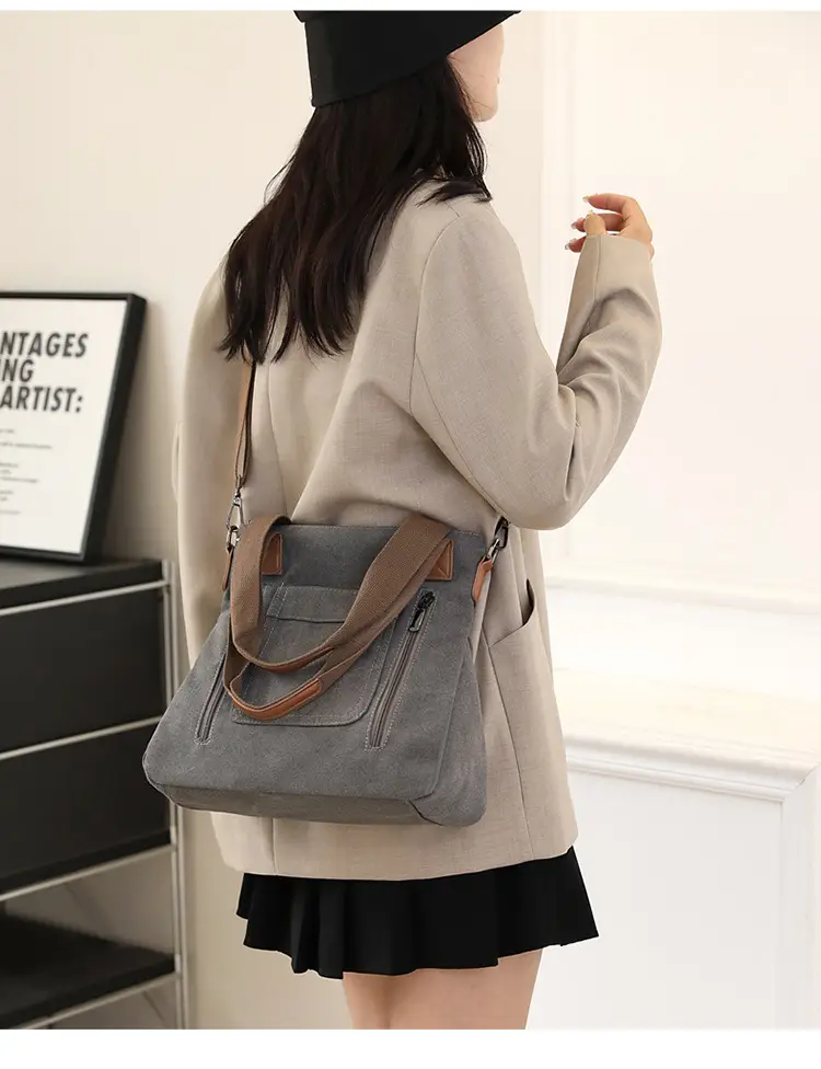 Blue Canvas Women's Shoulder Bag with Brown Handles — feature 20