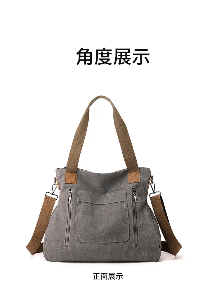 Blue Canvas Women's Shoulder Bag with Brown Handles — feature 24