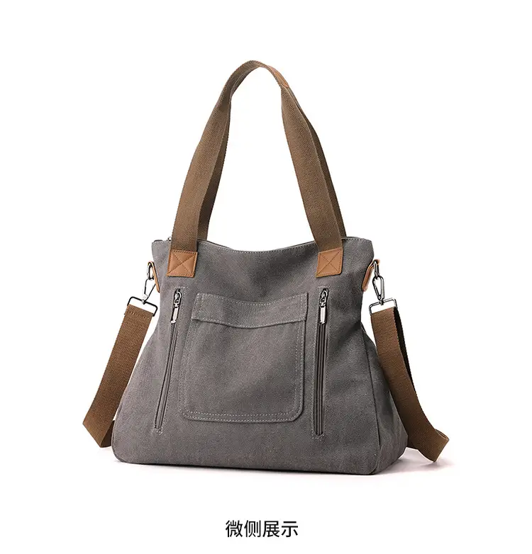 Blue Canvas Women's Shoulder Bag with Brown Handles — feature 25