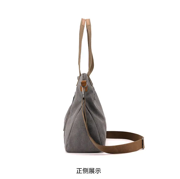 Blue Canvas Women's Shoulder Bag with Brown Handles — feature 26