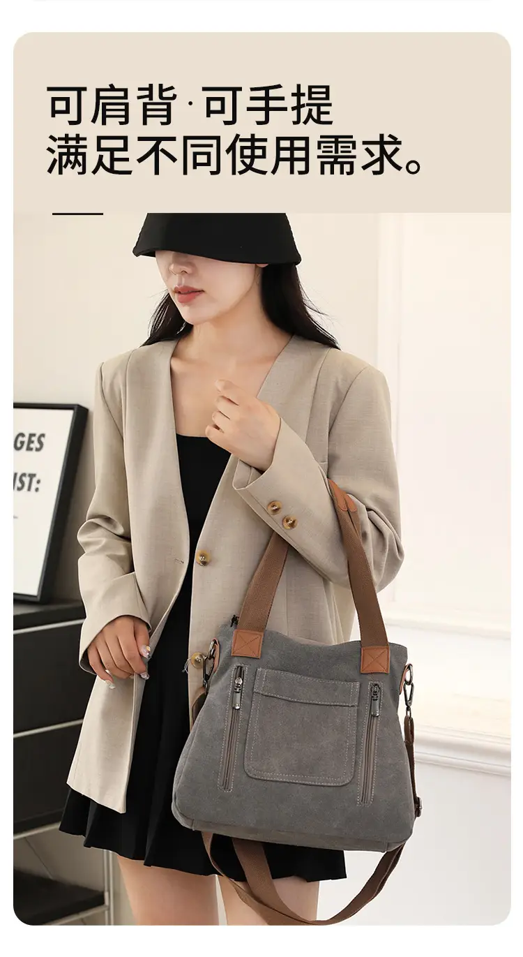 Blue Canvas Women's Shoulder Bag with Brown Handles — feature 8