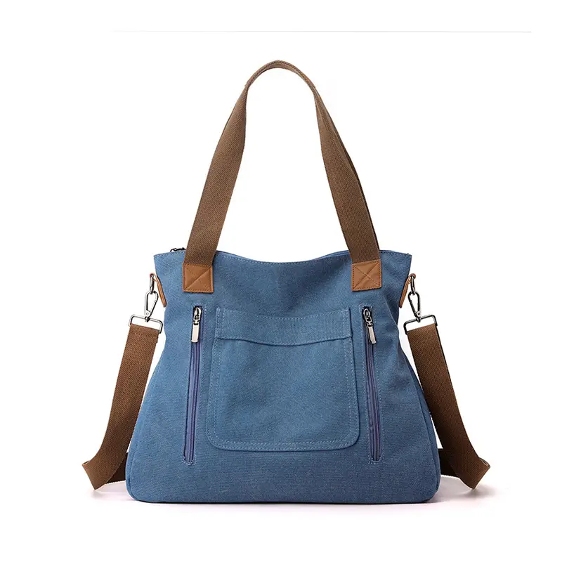 Blue Canvas Women's Shoulder Bag with Brown Handles - Image 3