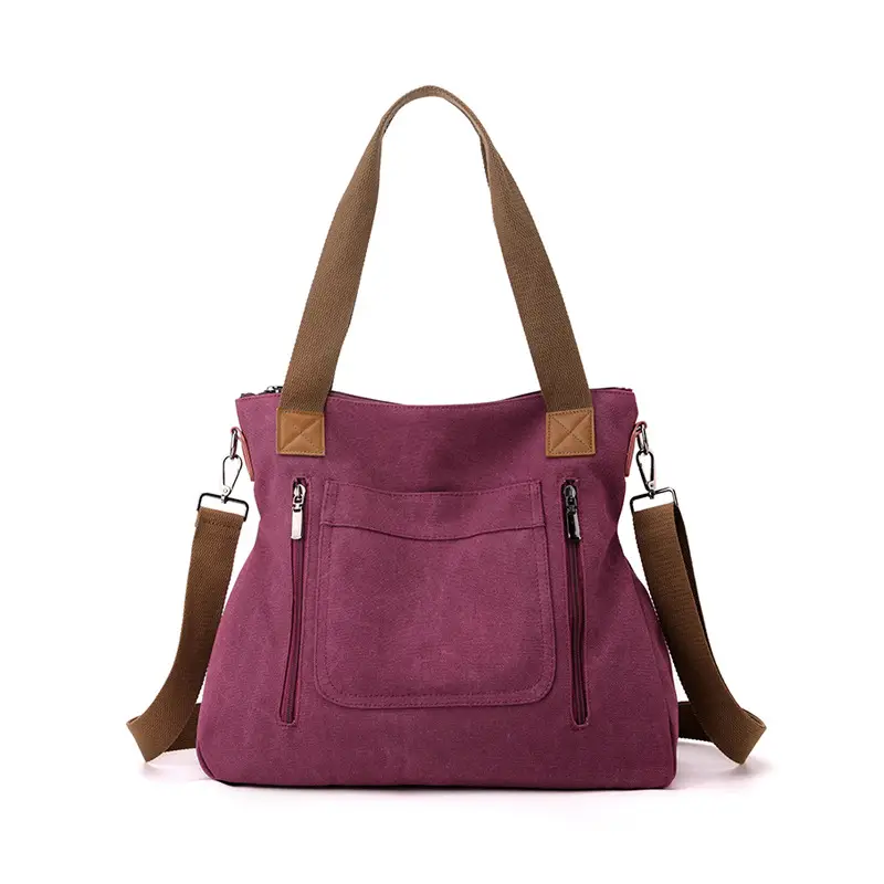 Blue Canvas Women's Shoulder Bag with Brown Handles - Image 5