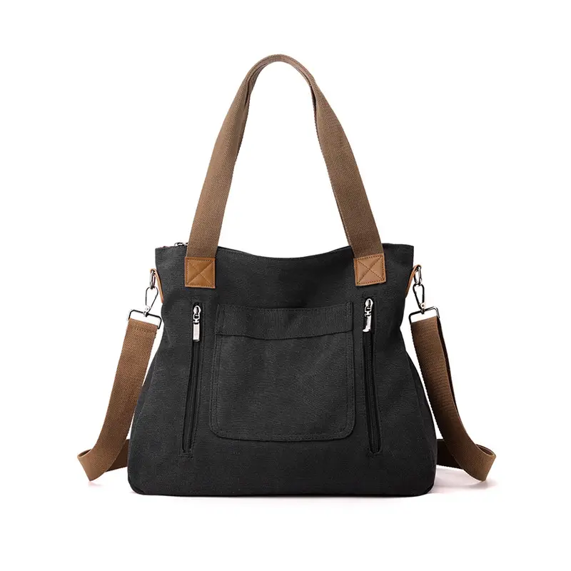 Blue Canvas Women's Shoulder Bag with Brown Handles - Image 6