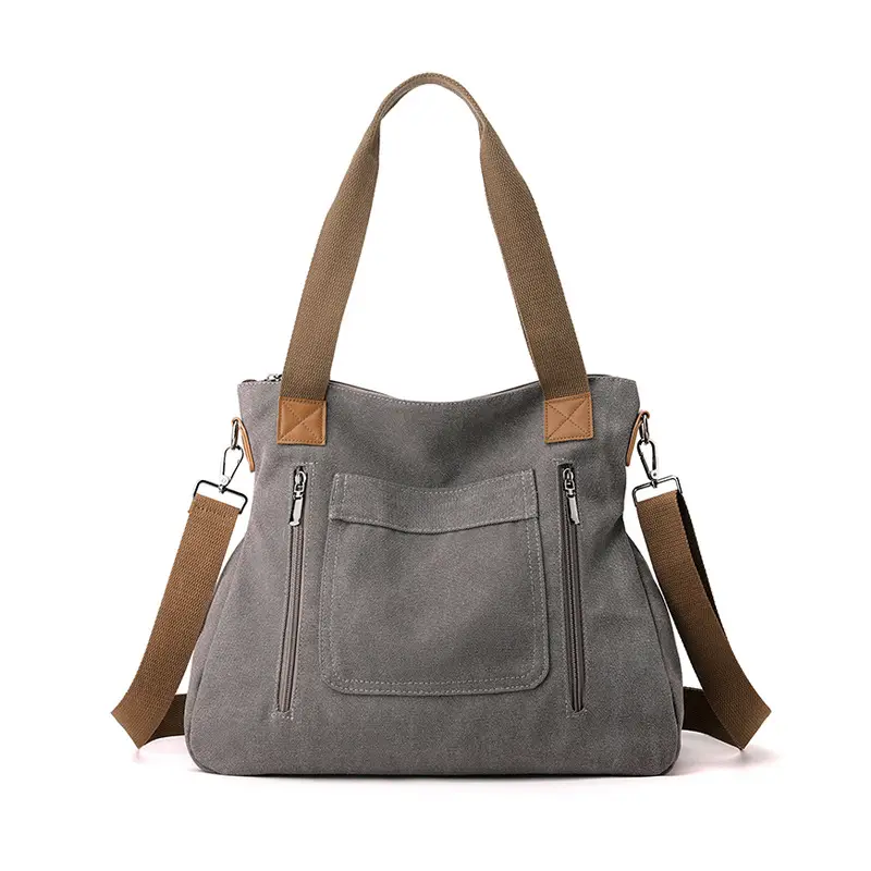 Blue Canvas Women's Shoulder Bag with Brown Handles - Image 7