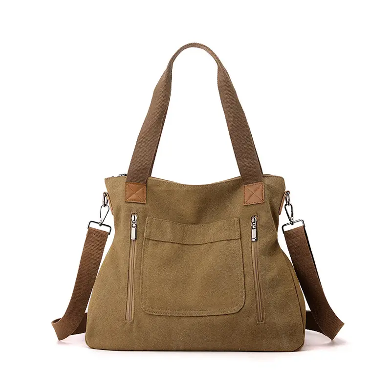 Blue Canvas Women's Shoulder Bag with Brown Handles - Image 9