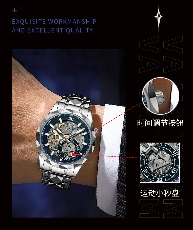 2025 New Cross-Border Stainless Steel Band Men's Watch Cut Out Watch European and American Business Simple Quartz Waterproof Watch — feature 3