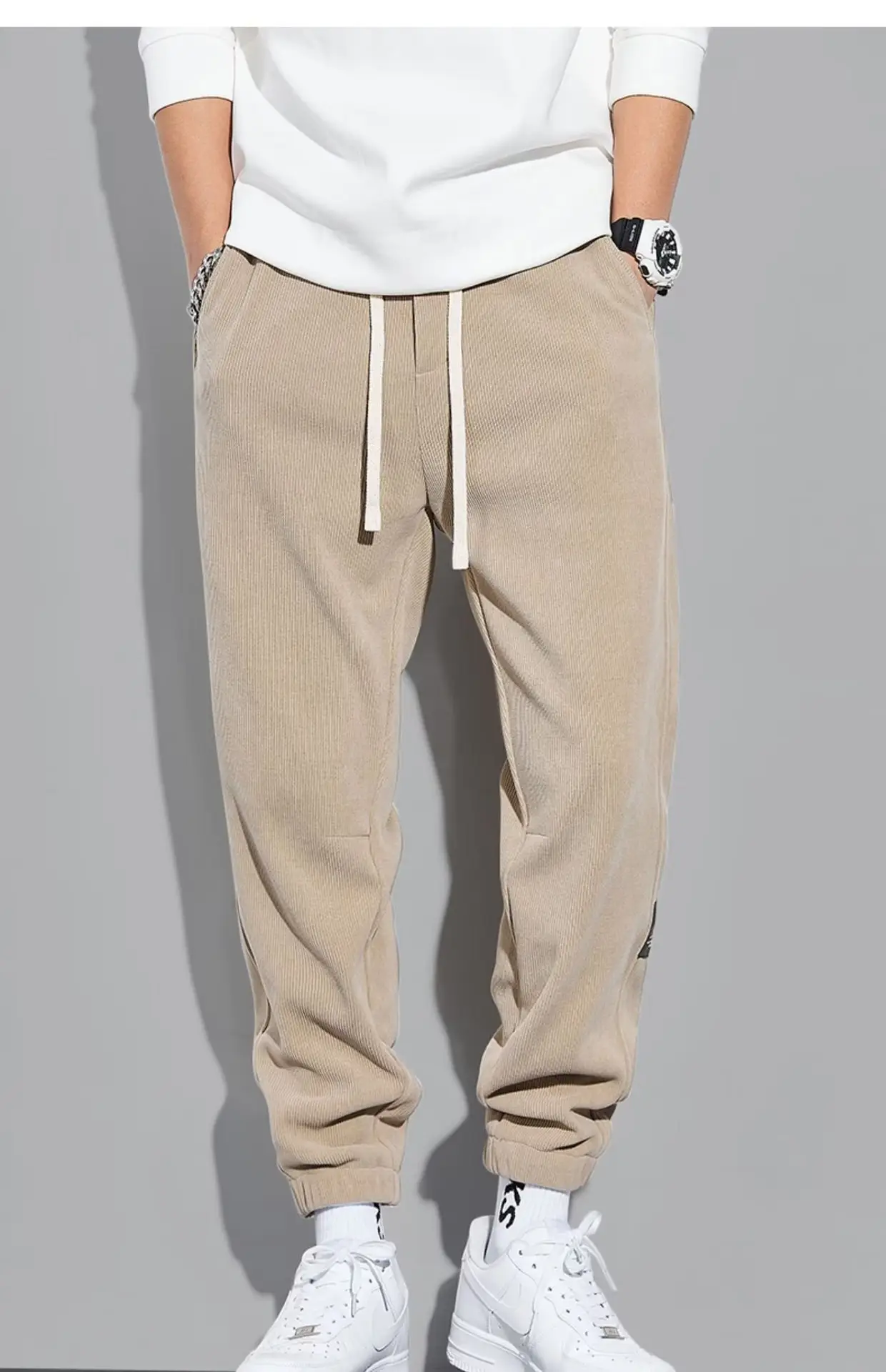 Men Vintage Corduroy Pants Beige Summer Loose Leg Casual — feature 6