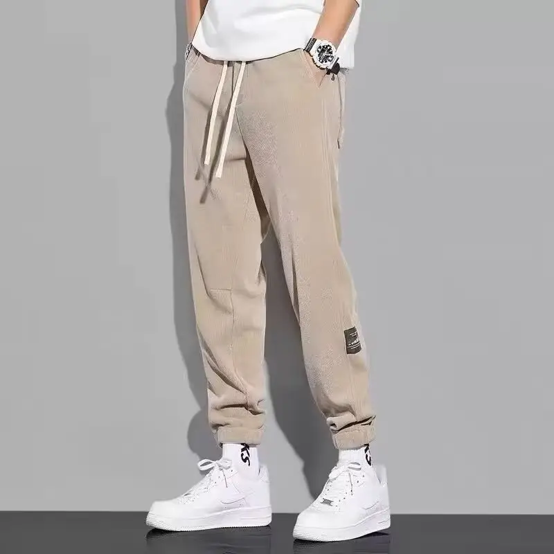 Men Vintage Corduroy Pants Beige Summer Loose Leg Casual - Image 4