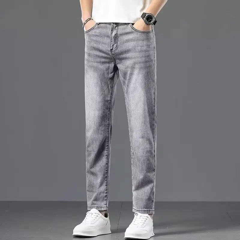 Men Smoke Gray Stretch Straight Jeans Casual Slim Fit — feature 7