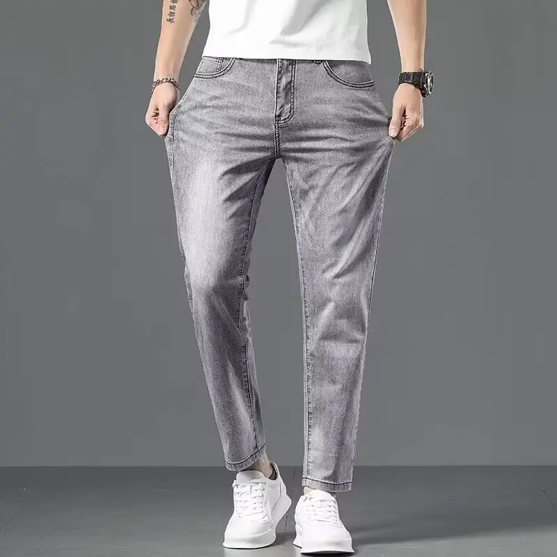 Men Smoke Gray Stretch Straight Jeans Casual Slim Fit — feature 8