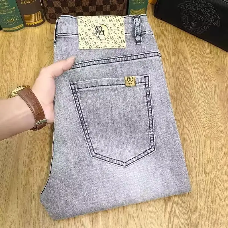 Men Smoke Gray Stretch Straight Jeans Casual Slim Fit - Image 3