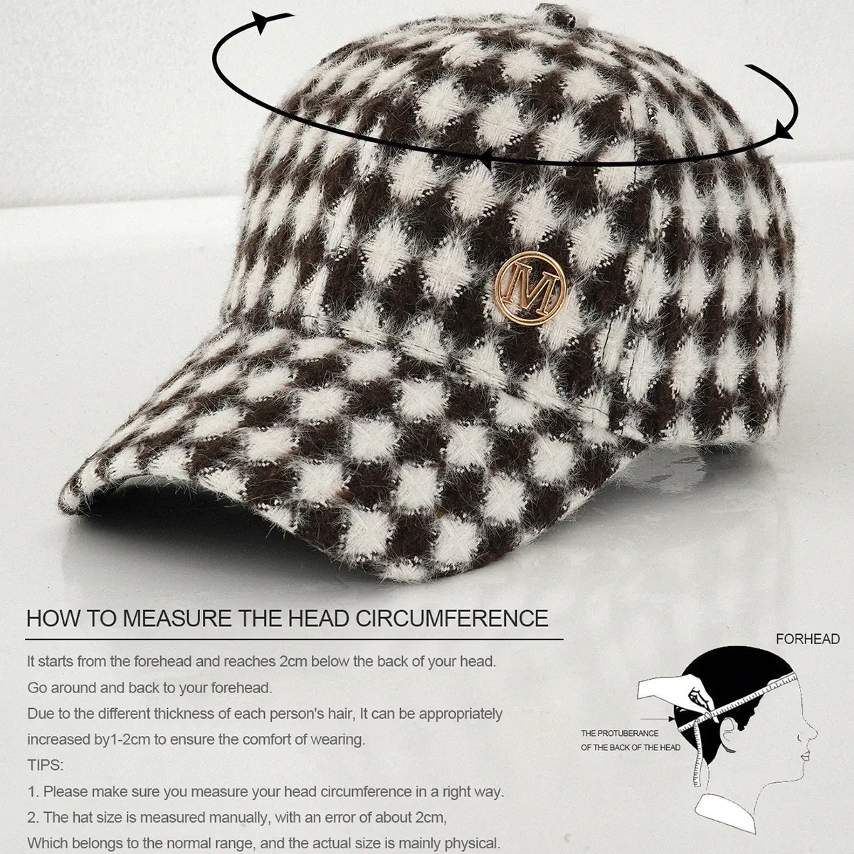 Men Winter Checkered Cap Black White Metal Logo