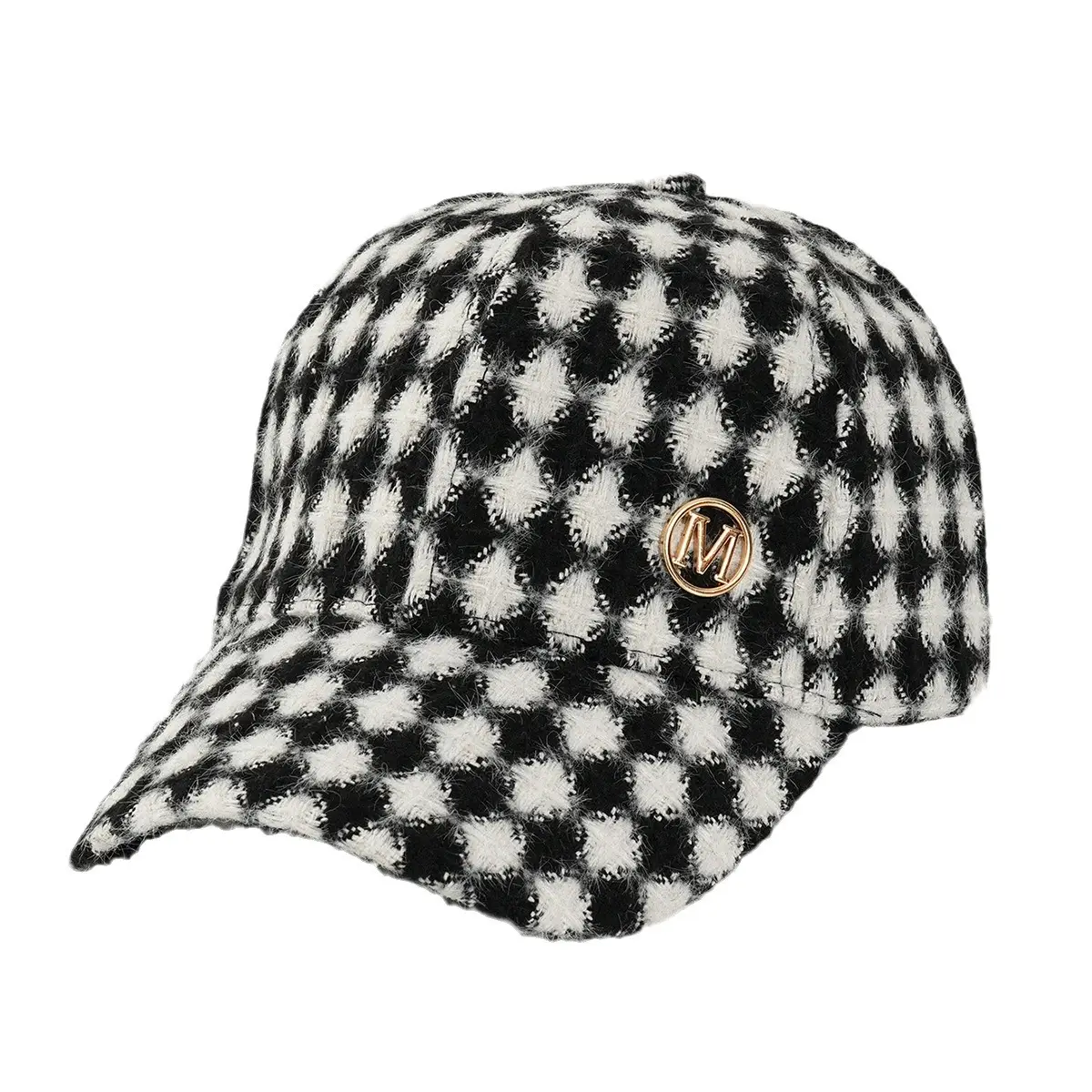 Men Winter Checkered Cap Black White Metal Logo