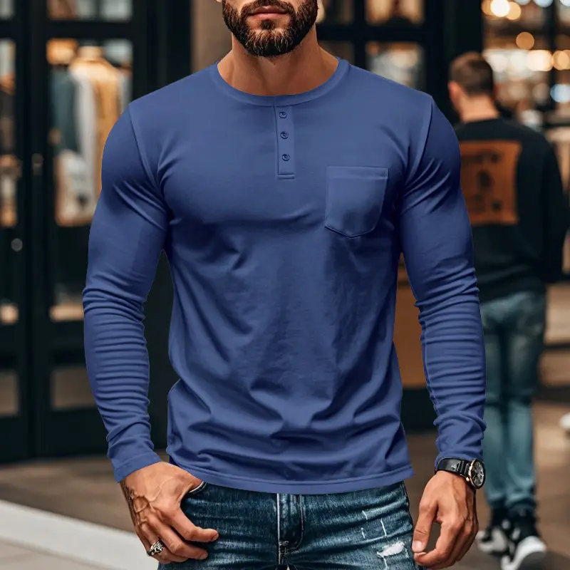 Men's Blue Slim Fit Long Sleeve T-Shirt - Image 4