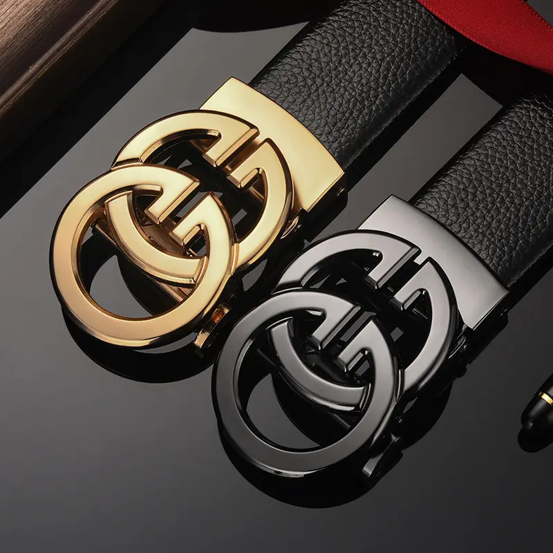 Men's Black Leather Belt with Silver Automatic Buckle