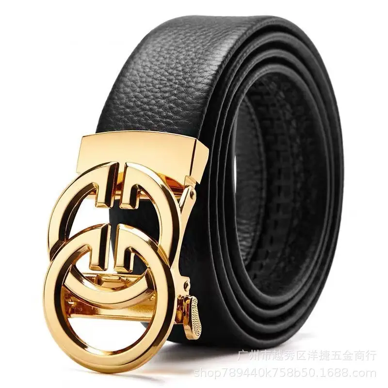Men's Black Leather Belt with Silver Automatic Buckle